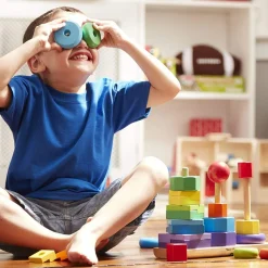 Toddler Wooden Geometric Stacker with Colorful Shapes
